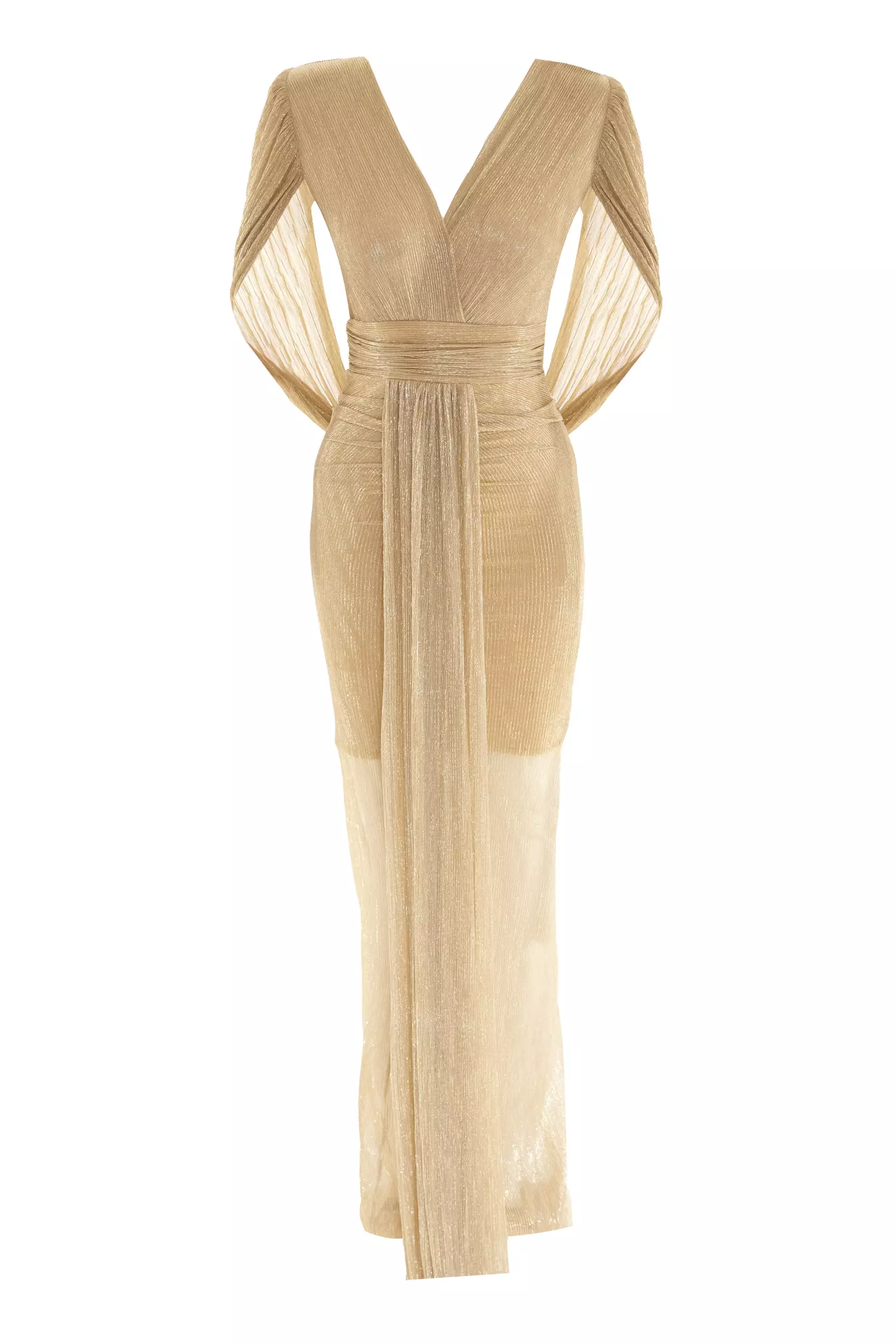 slim fit dress slacks Gold Sequin Draped Sleeve V-Neck Gown main image 0