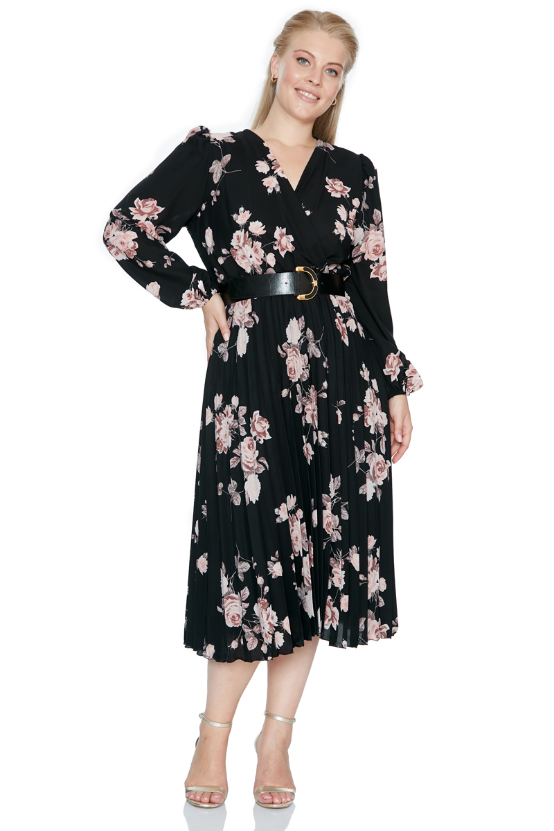 Printed plus size crepe long sleeve midi dress