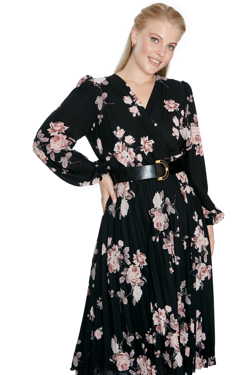 Printed plus size crepe long sleeve midi dress