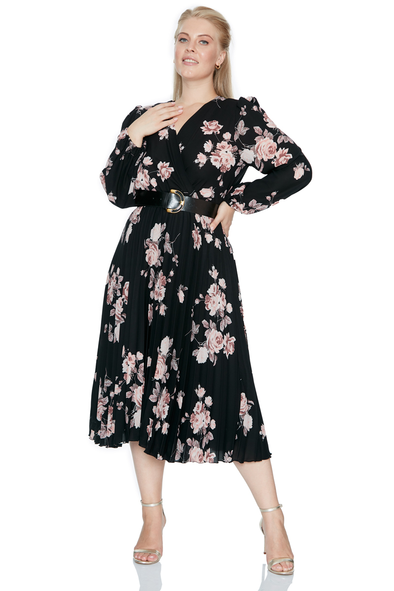 Printed plus size crepe long sleeve midi dress