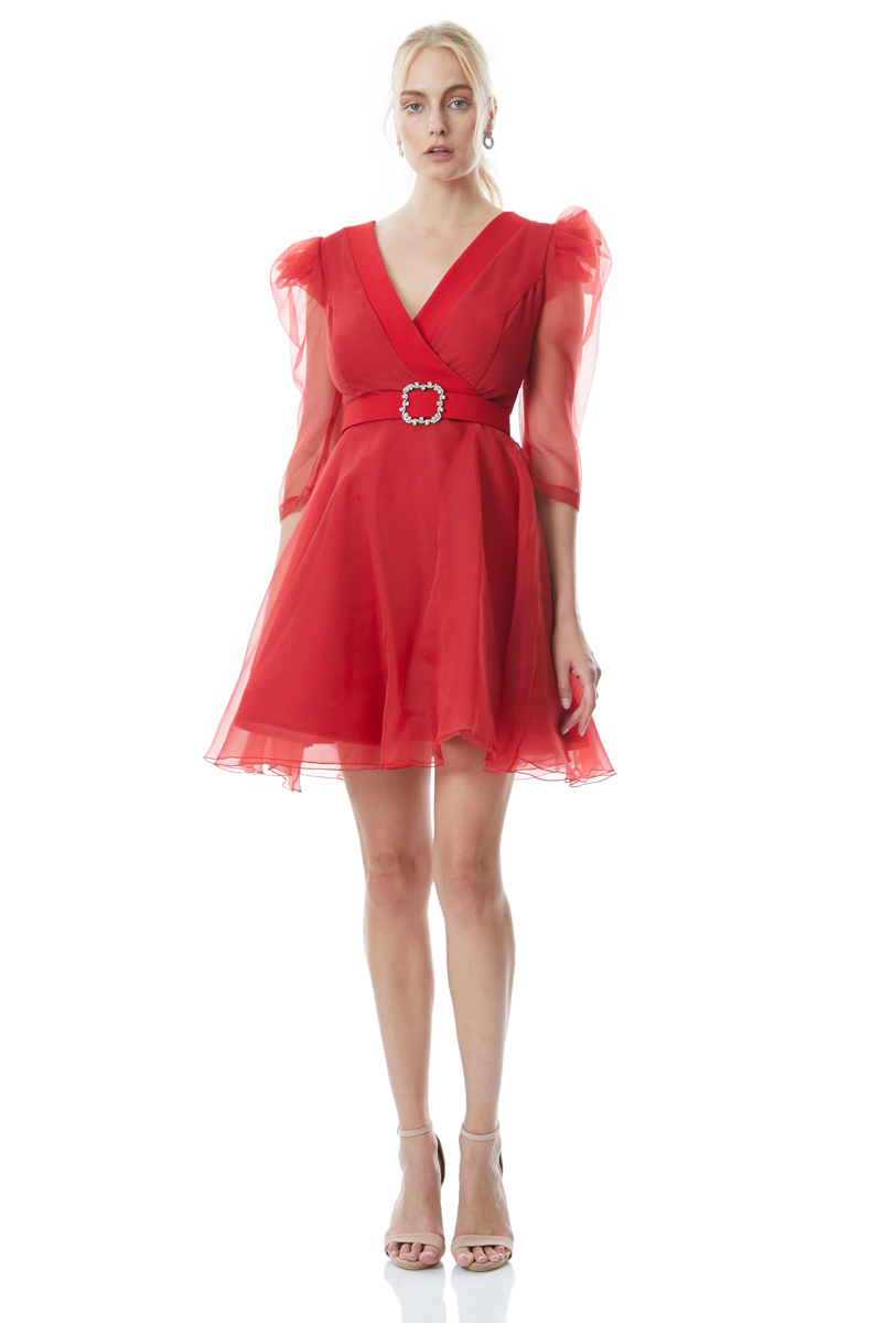 Red tulle long sleeve mini dress
