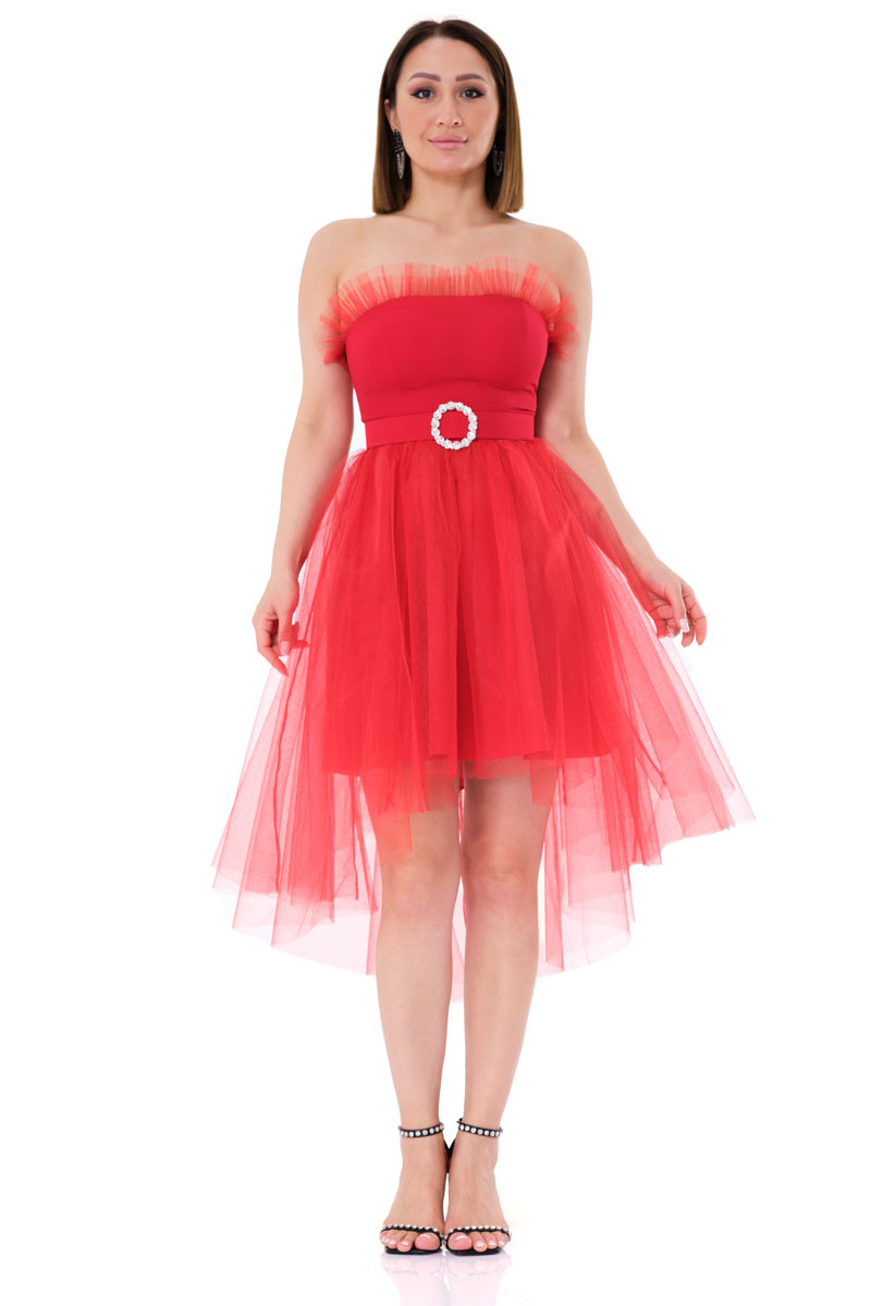 Red tulle strapless midi dress