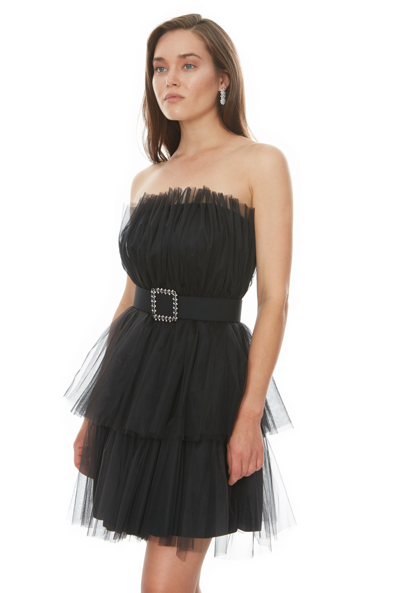 Black tulle sleeveless midi dress