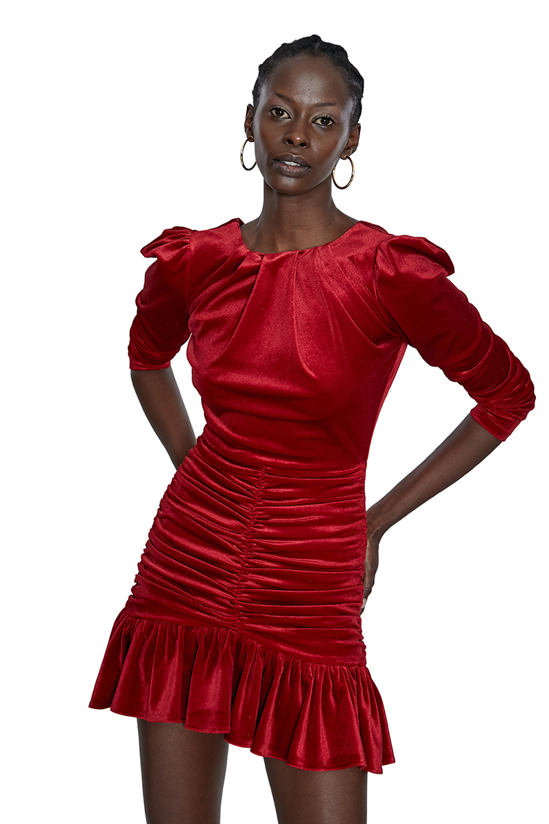 Red velvet long sleeve mini dress