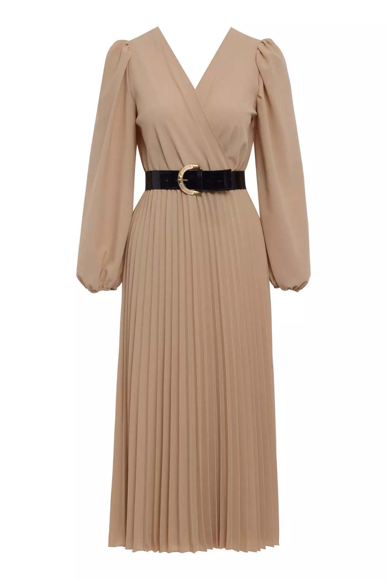 Beige crepe long sleeve midi dress