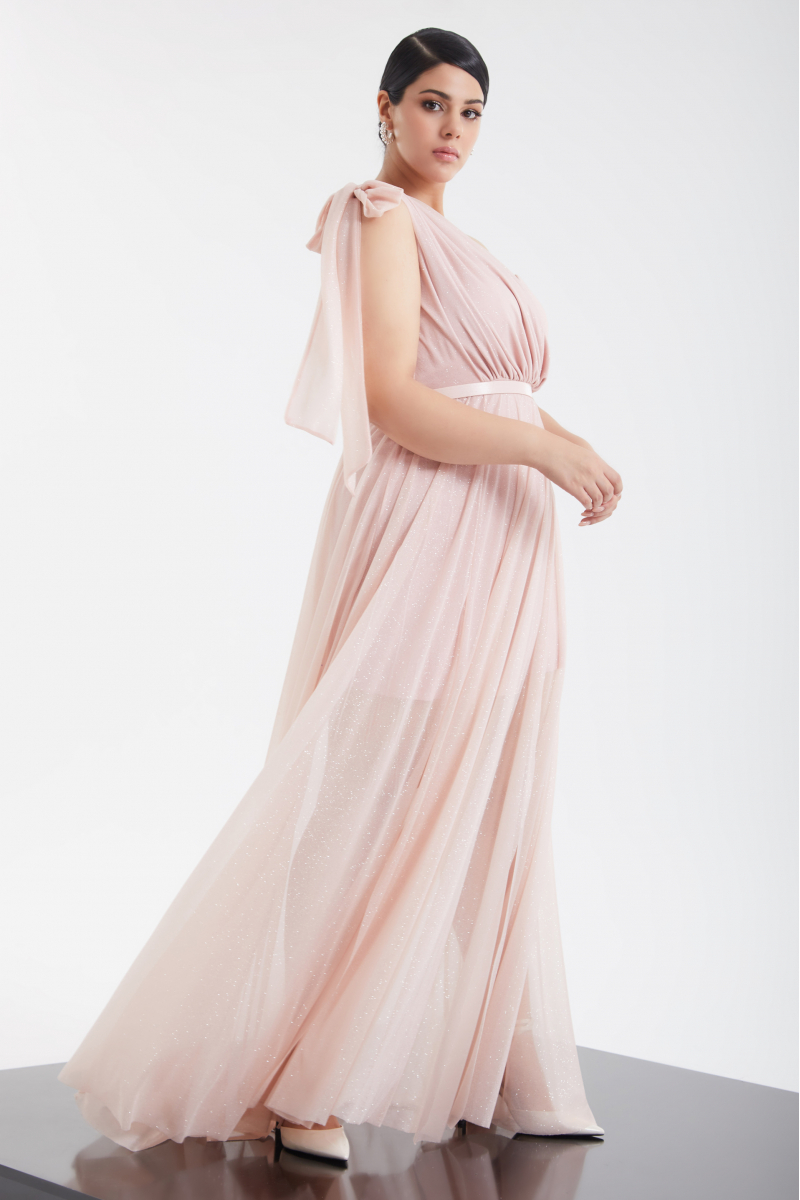 Blush plus size tulle single sleeve maxi dress