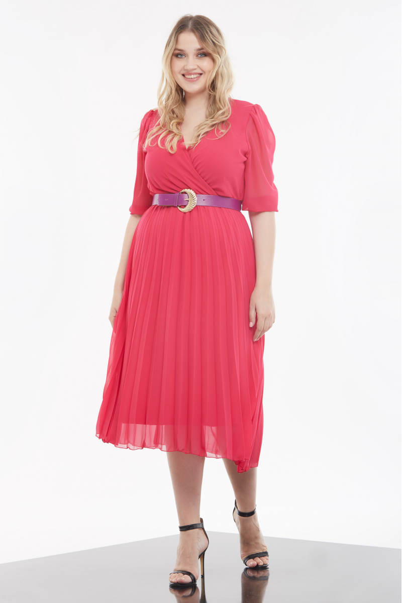 Red plus size chiffon 3/4 sleeve midi dress
