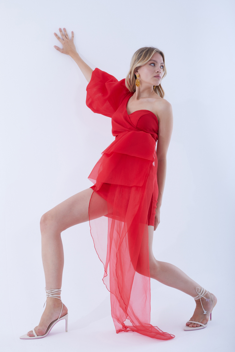 Red tulle single sleeve mini dress