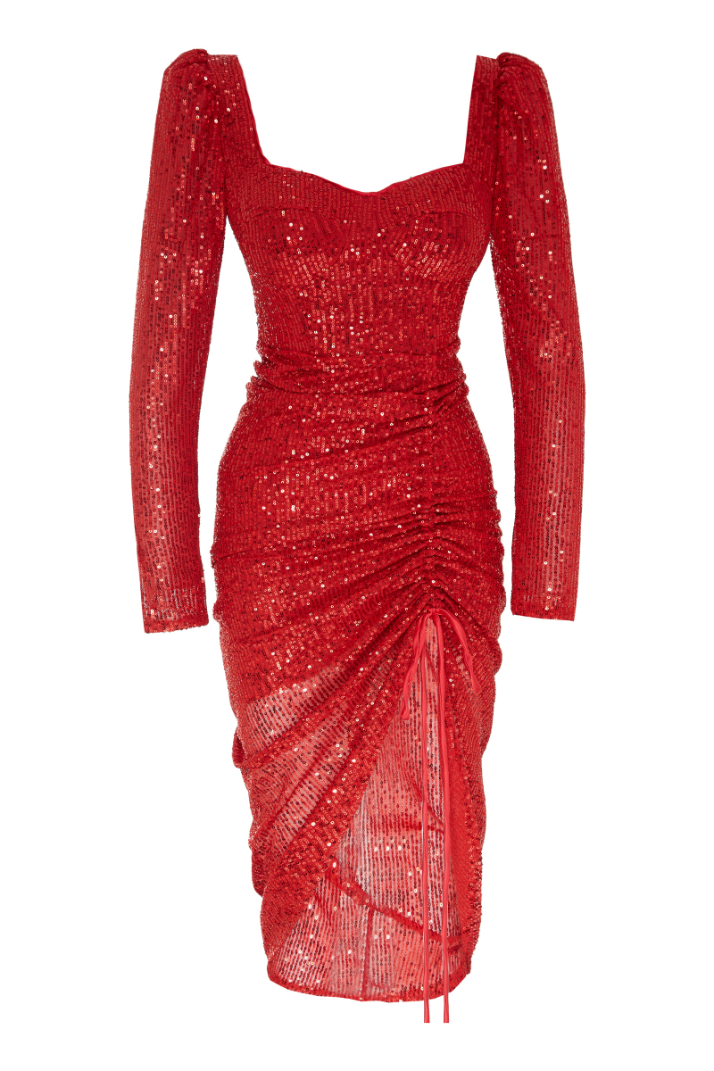Red stamp sequins long sleeve maxi dress