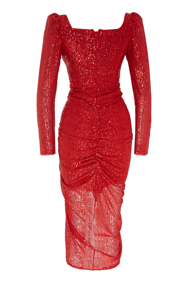 Red stamp sequins long sleeve maxi dress
