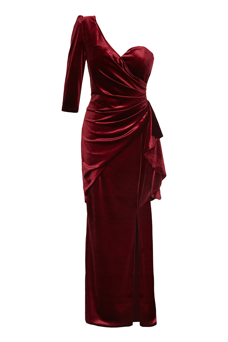 Claret red plus size velvet single sleeve long dress