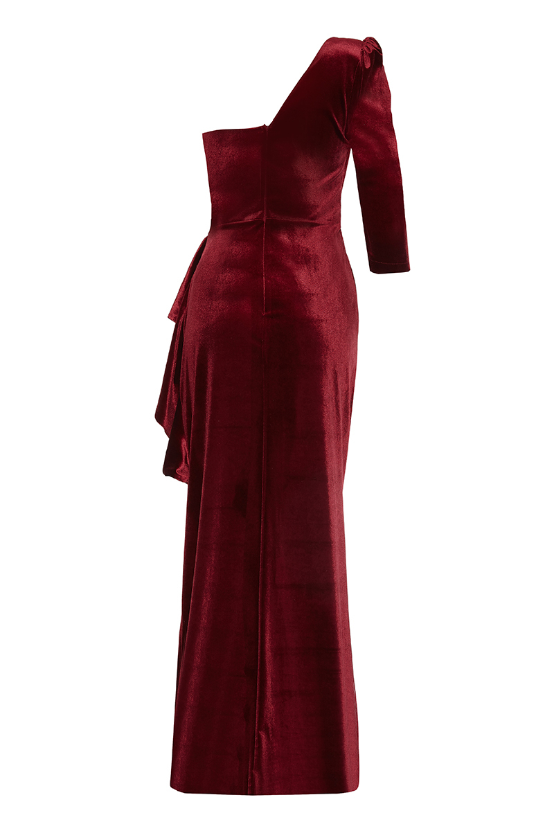 Claret red plus size velvet single sleeve long dress