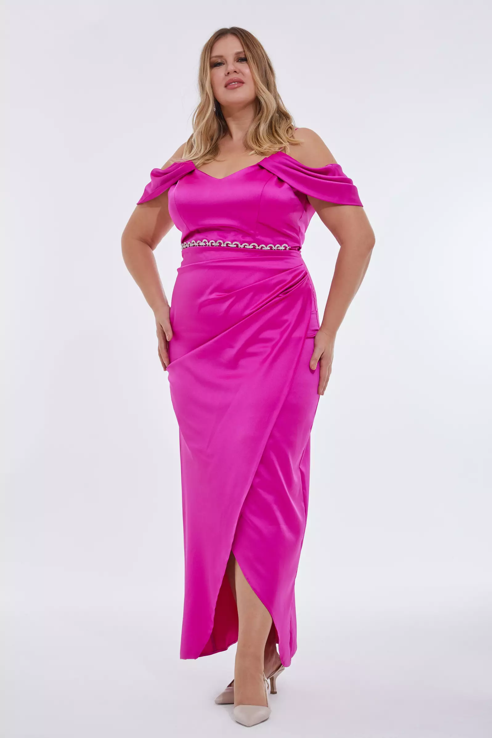 Fuchsia Plus Size Satin Sleeveless Maxi Dress | All | Fervente