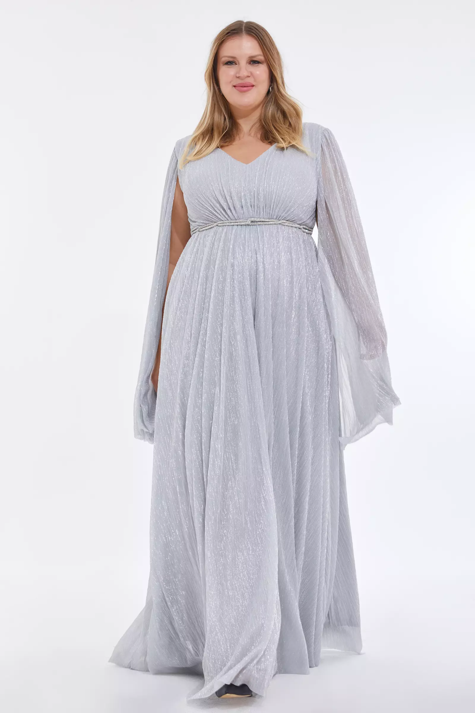 Silver Plus Size Moonlight Long Sleeve Maxi Dress | Prom Dress | Fervente