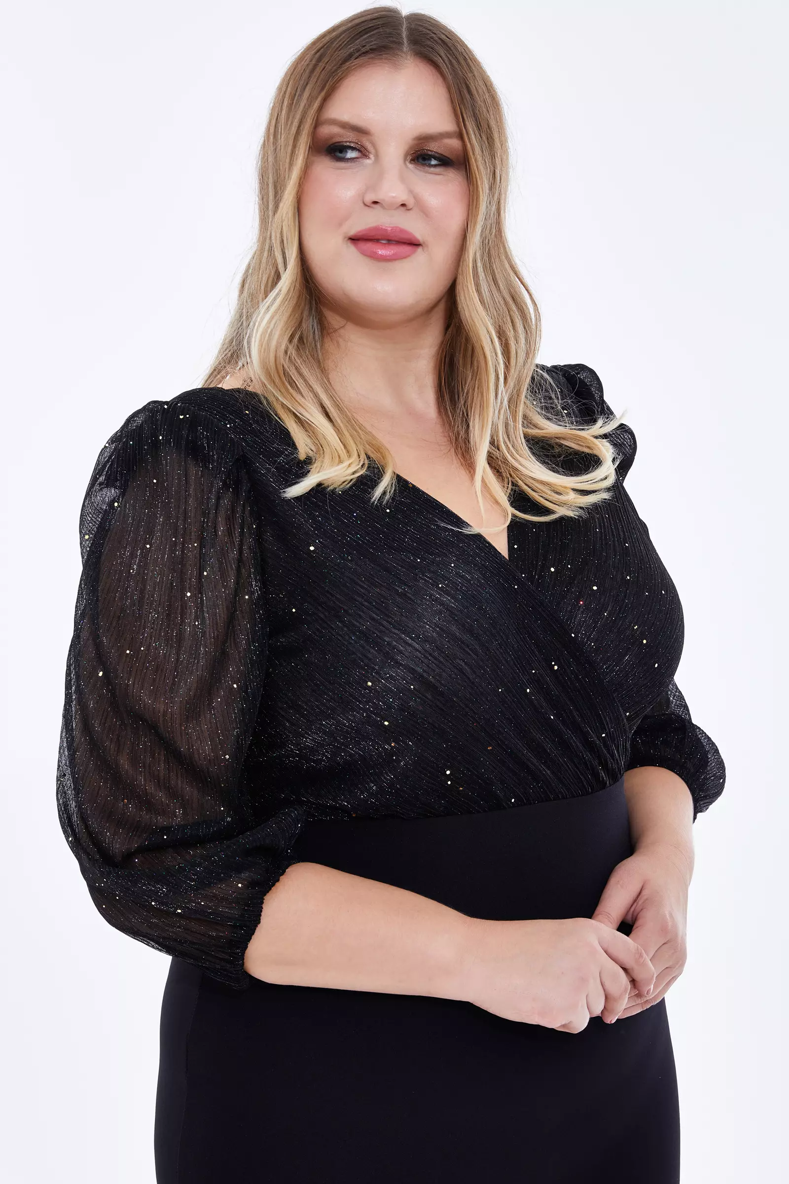 Black plus size moonlight 3/4 sleeve mini dress