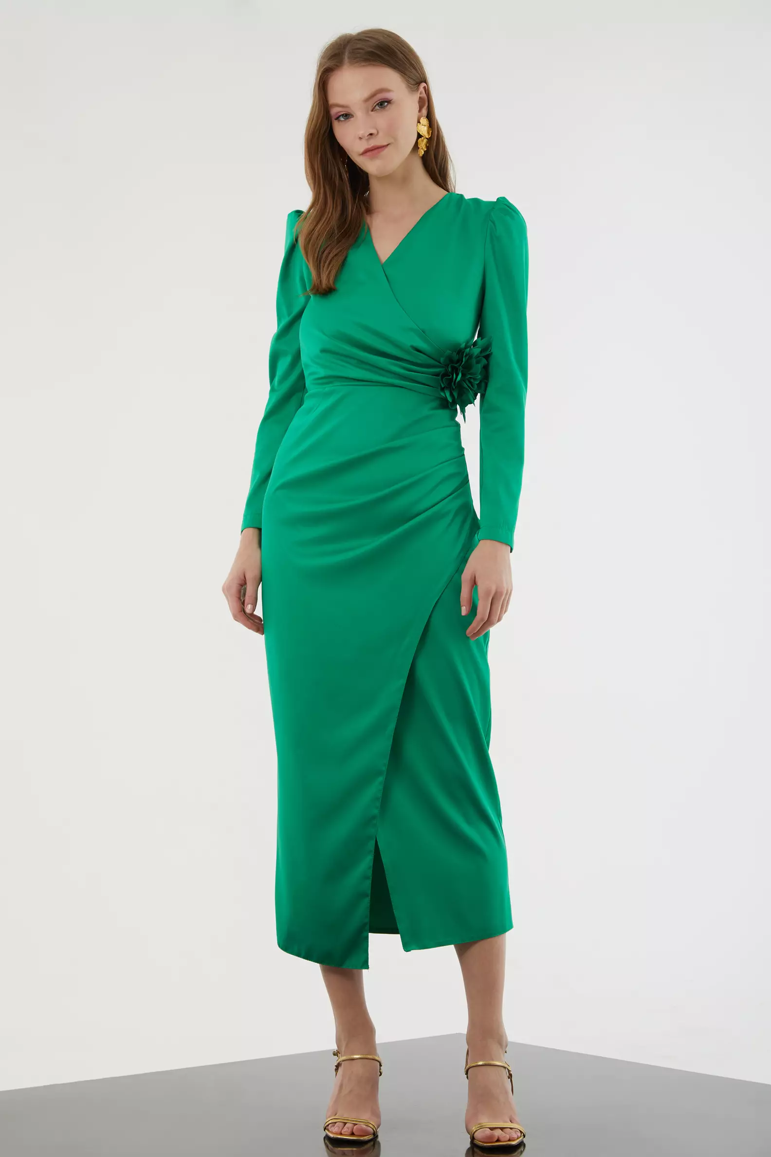 green satin midi dress long sleeve Green Satin Cowl Neck Slit Midi Dress & Reviews - Green - Dresses
