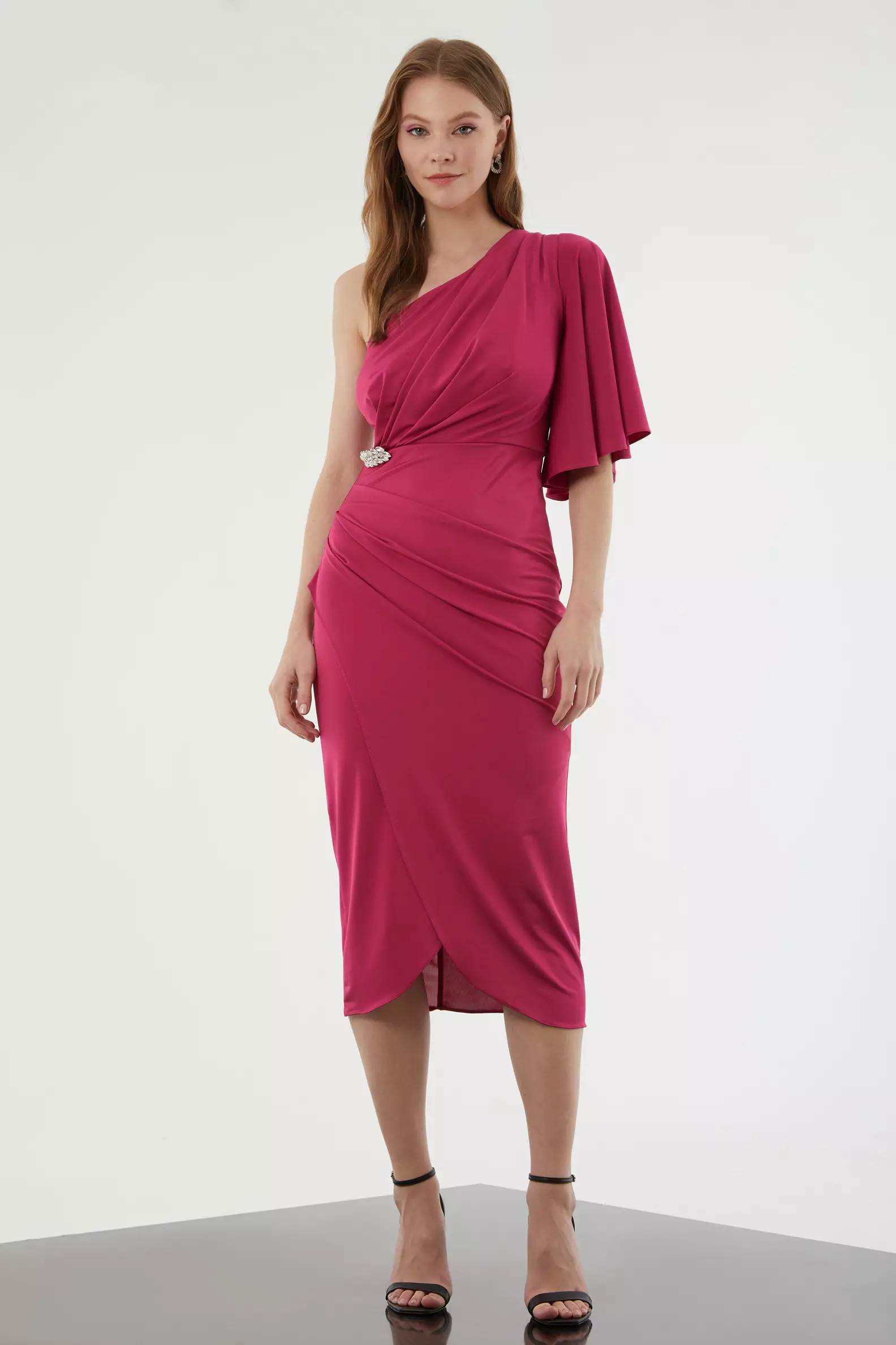 Fuchsia sandy single sleeve midi dress