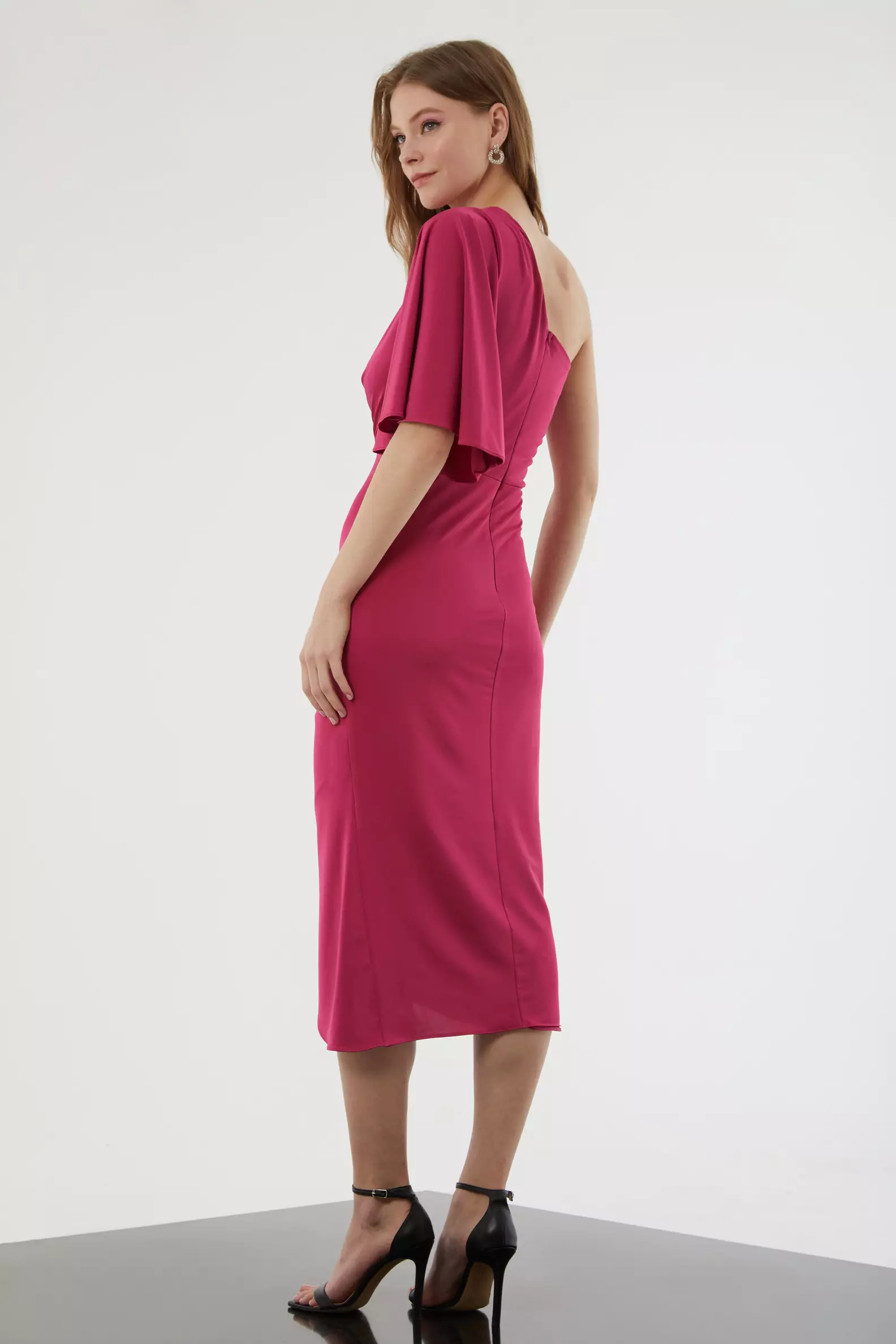 Fuchsia sandy single sleeve midi dress