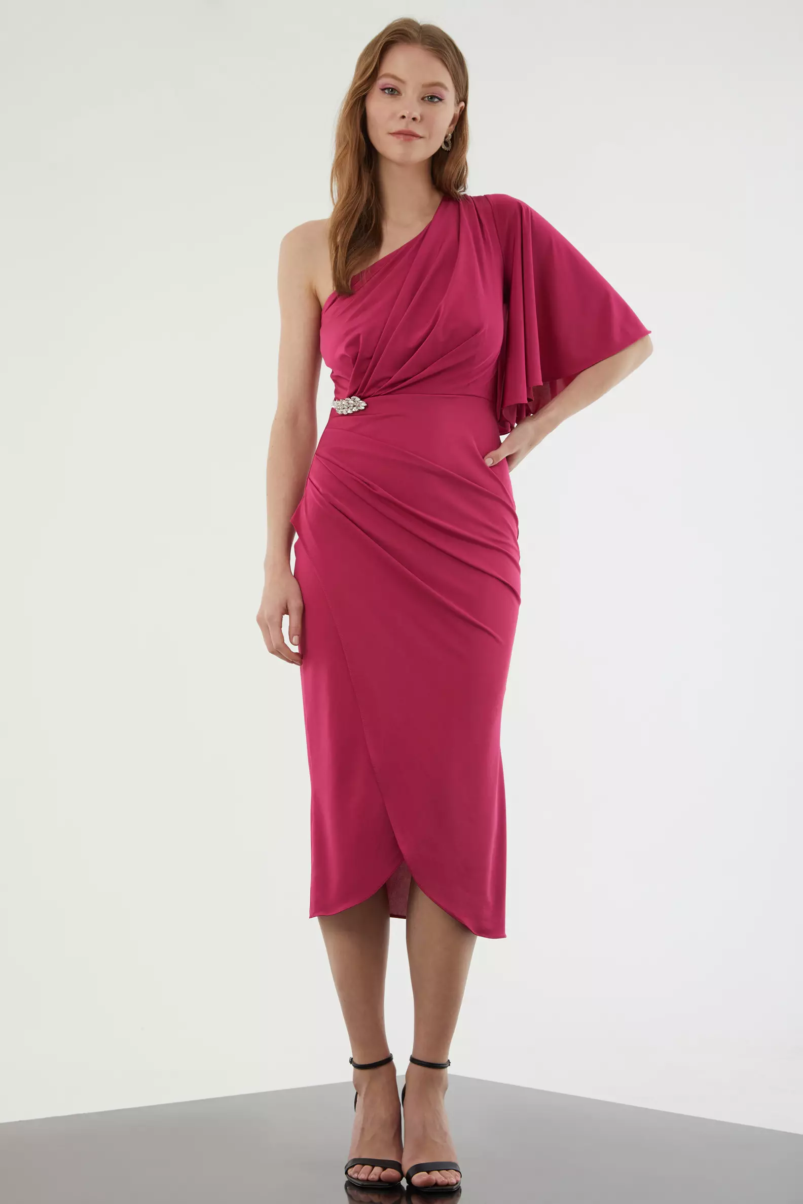 Fuchsia sandy single sleeve midi dress
