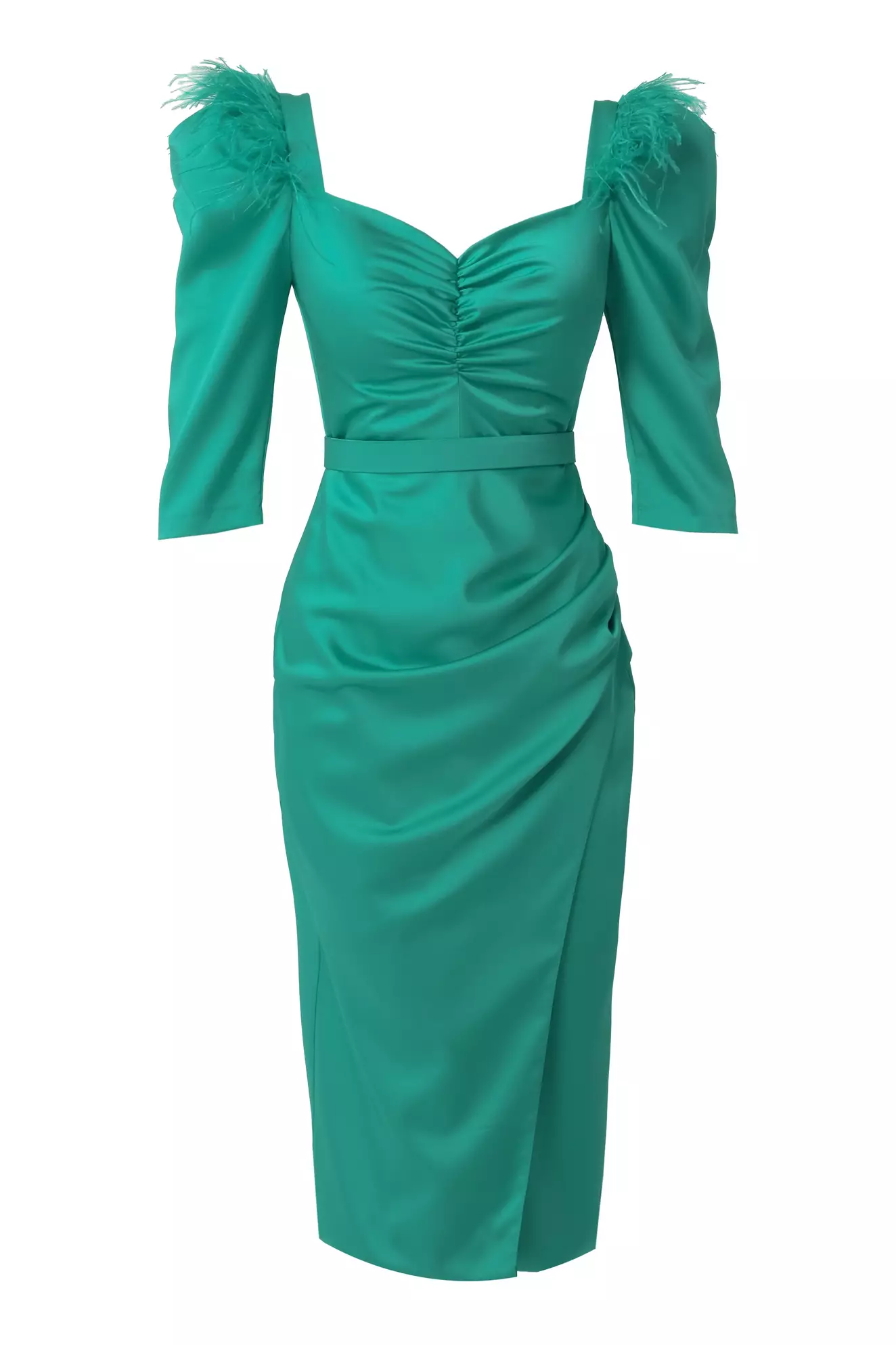 Green satin 3/4 sleeve midi dress
