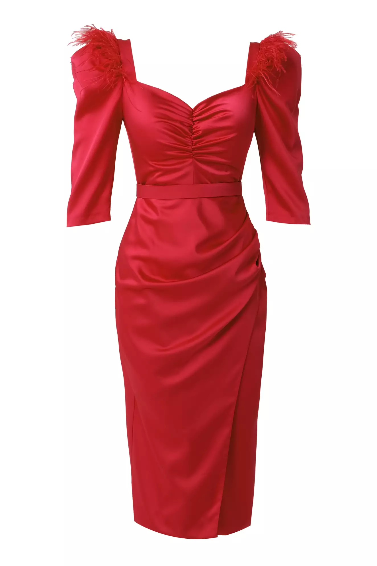 Red satin 3/4 sleeve midi dress