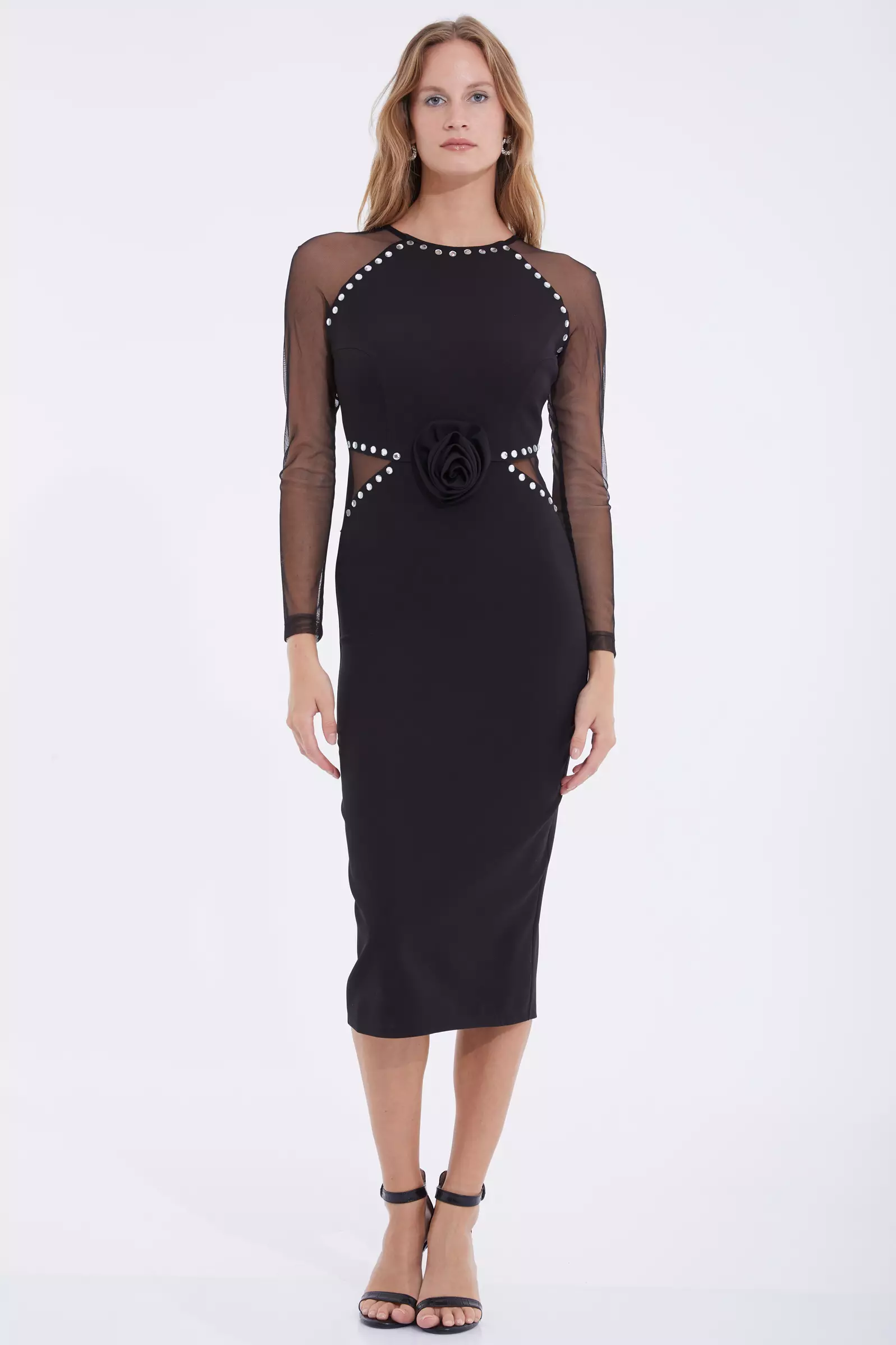 Red Crepe Long Sleeve Midi Dress | All | Fervente