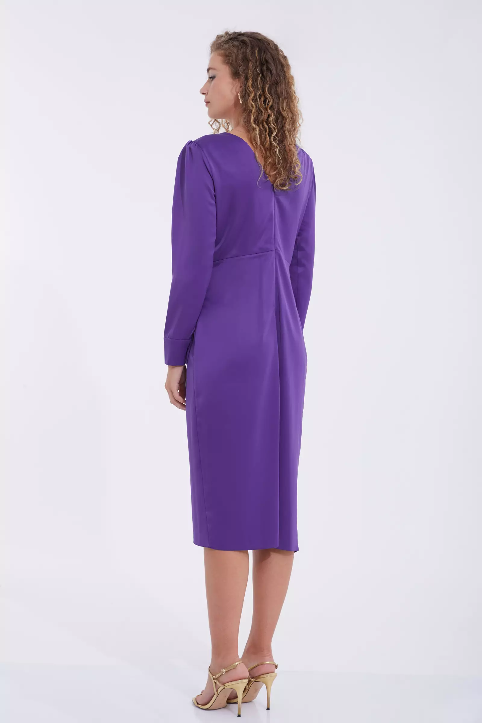 Purple satin long sleeve midi dress