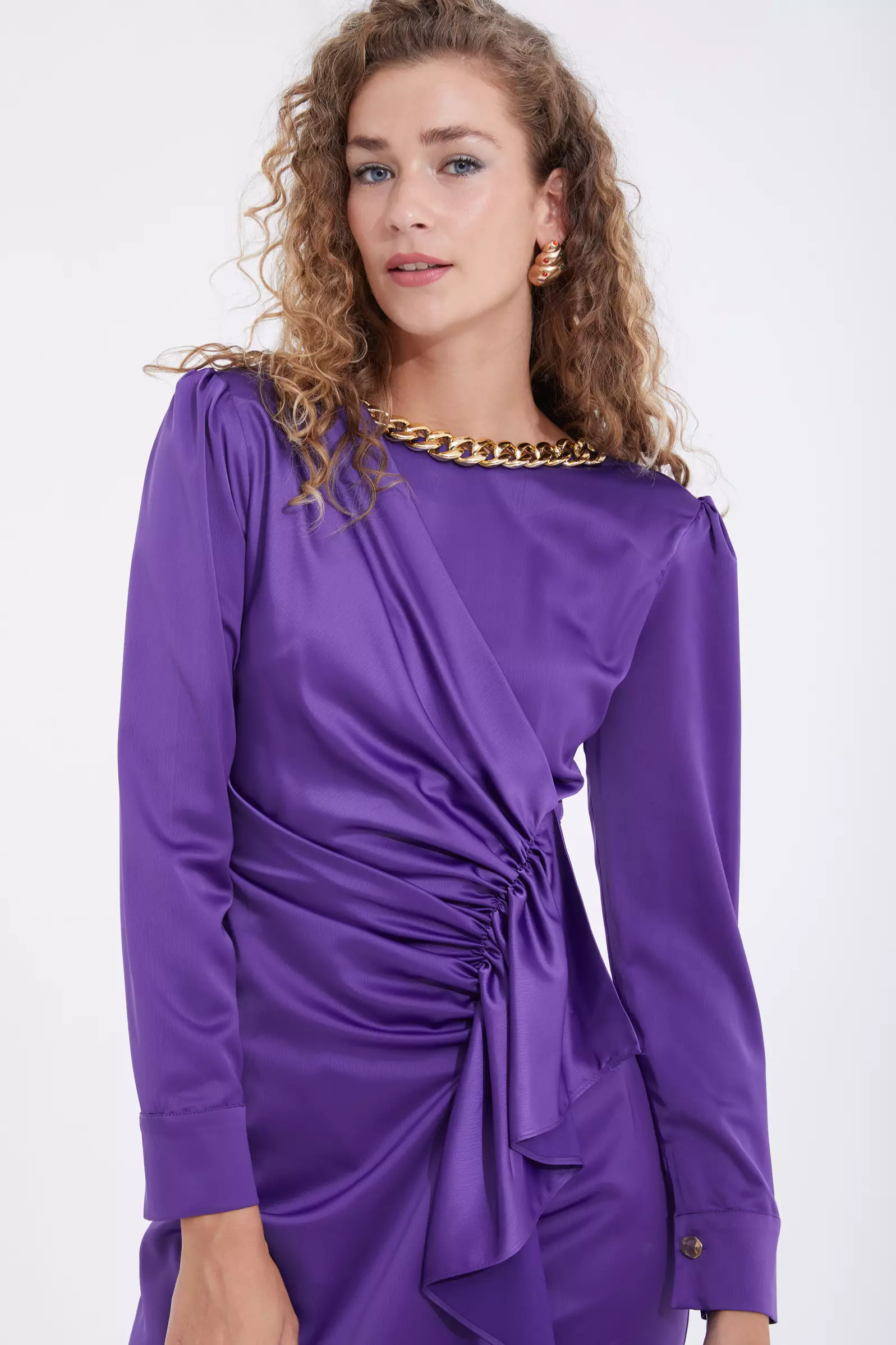 Purple satin long sleeve midi dress