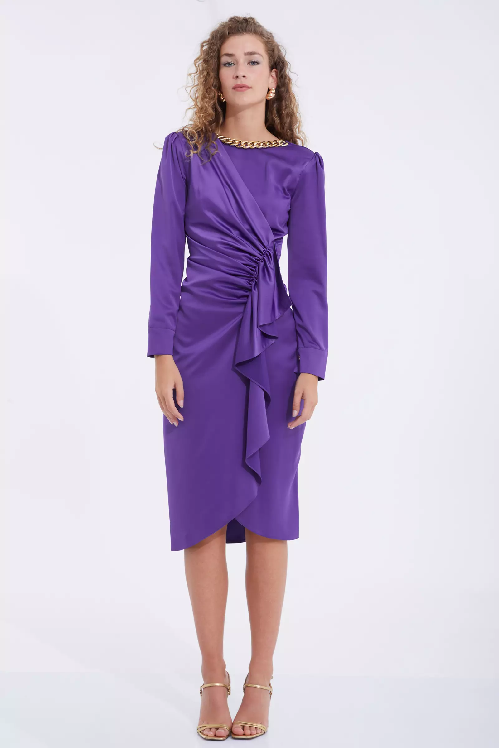 Purple satin long sleeve midi dress