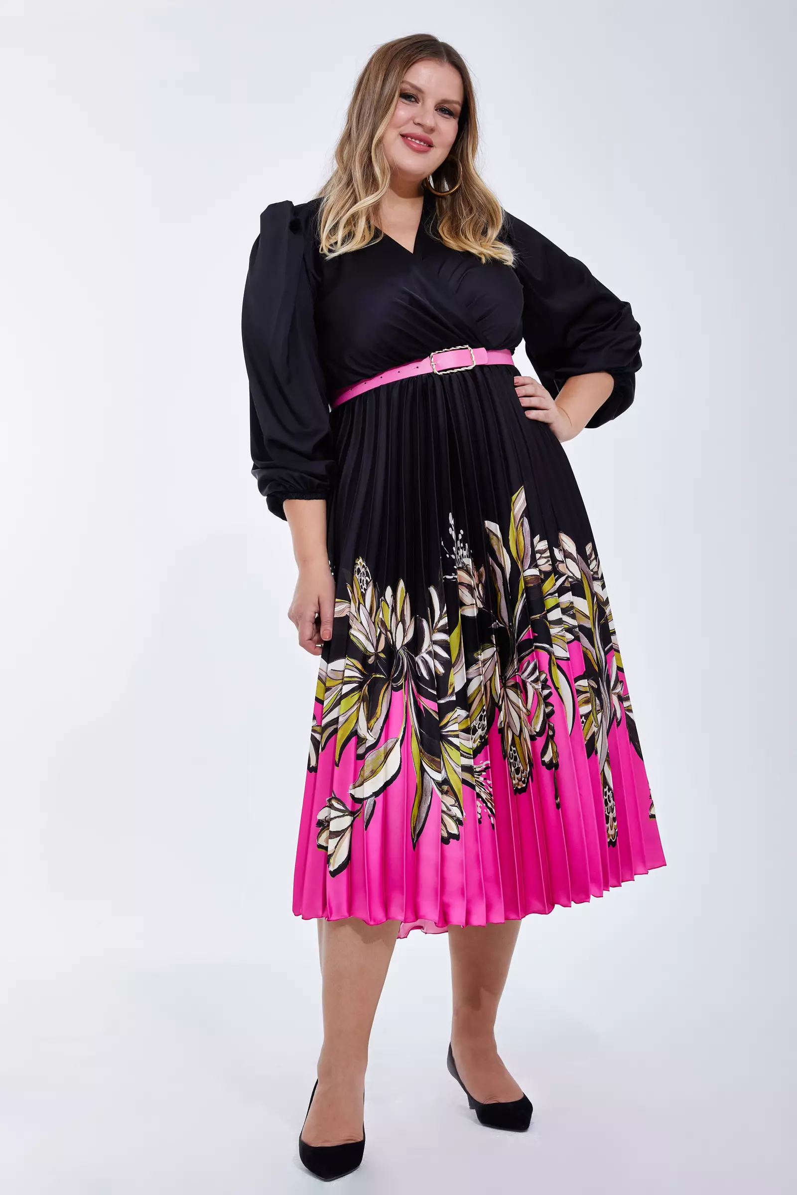Printed Plus Size Satin Long Sleeve Midi Dress All Fervente