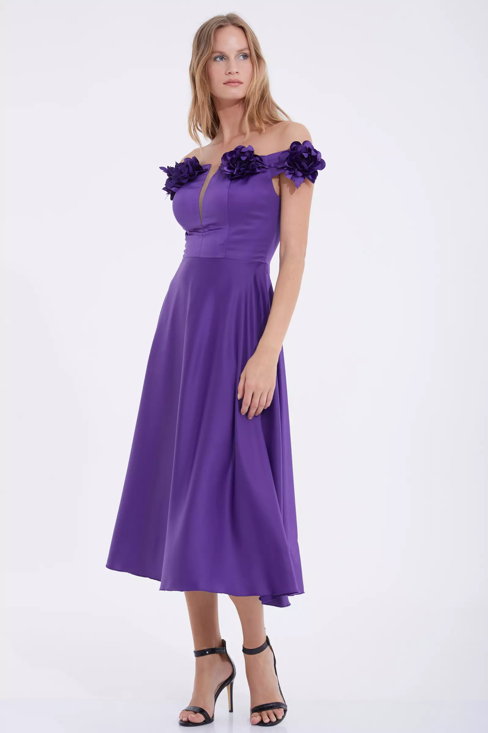 Purple satin sleeveless midi dress