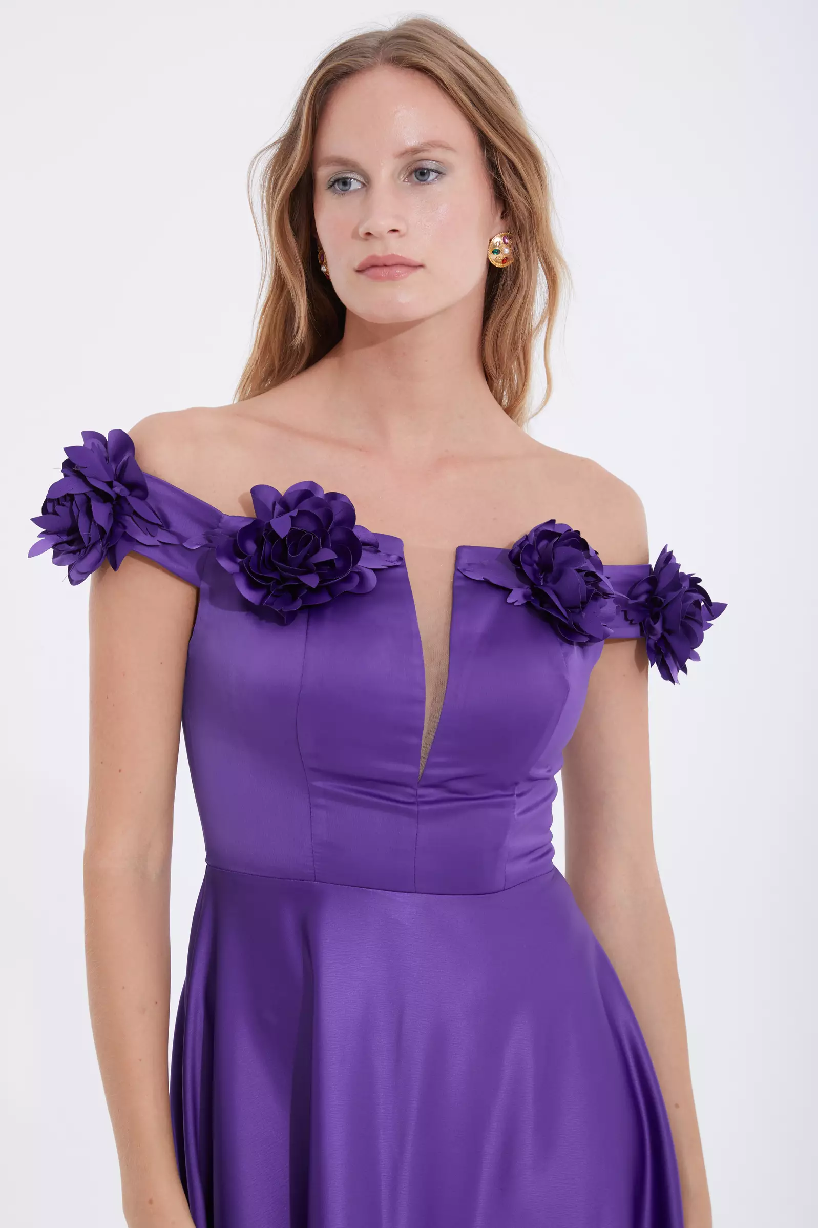 Purple satin sleeveless midi dress