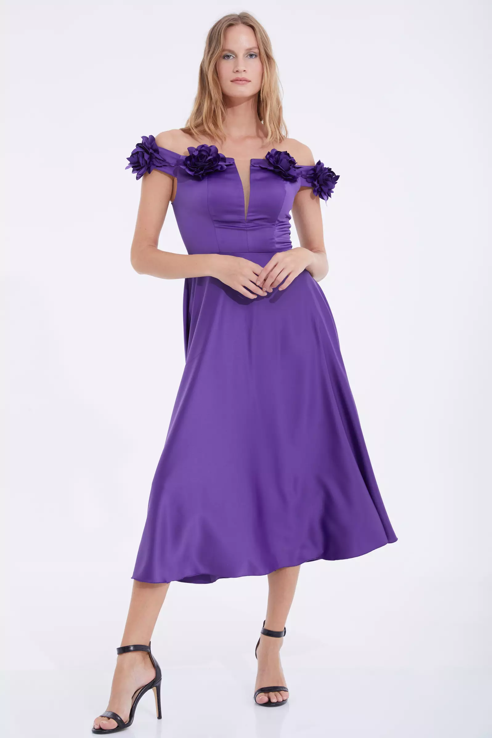 Purple satin sleeveless midi dress