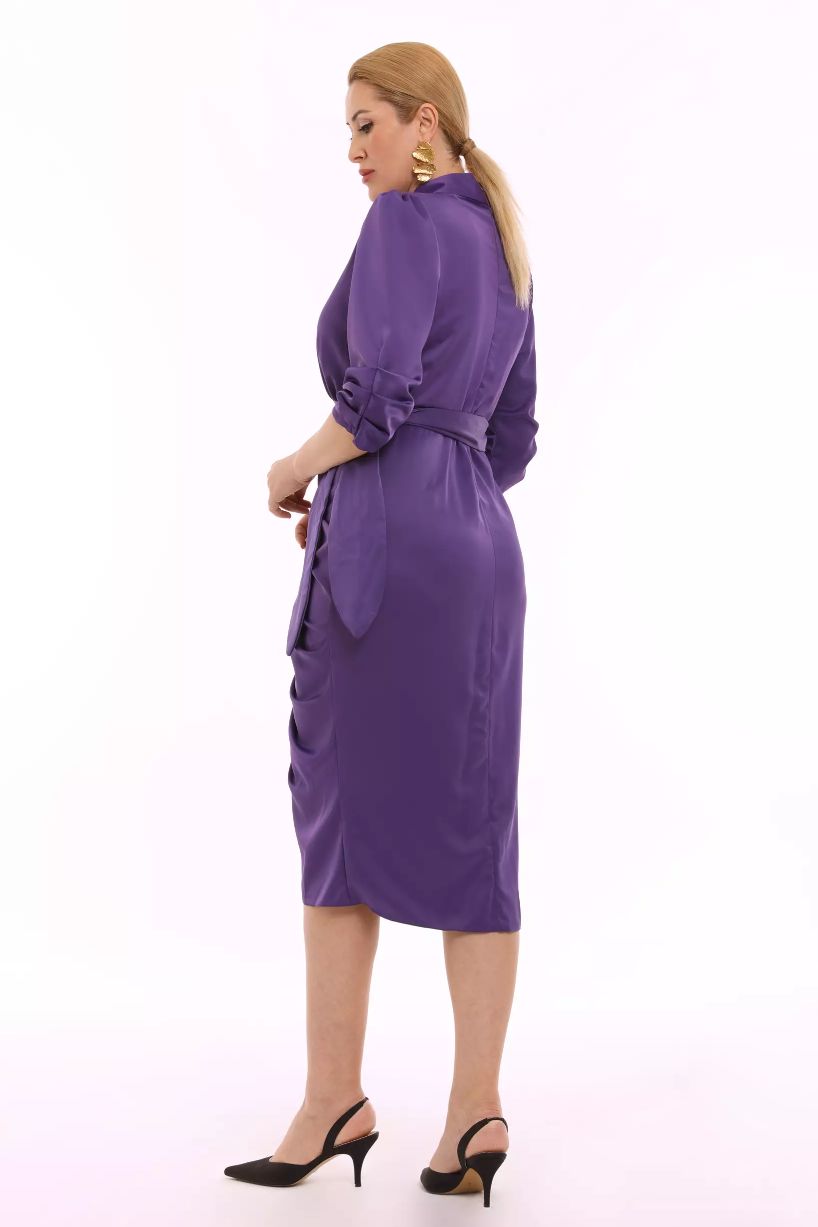 Purple plus size satin 3/4 sleeve midi dress