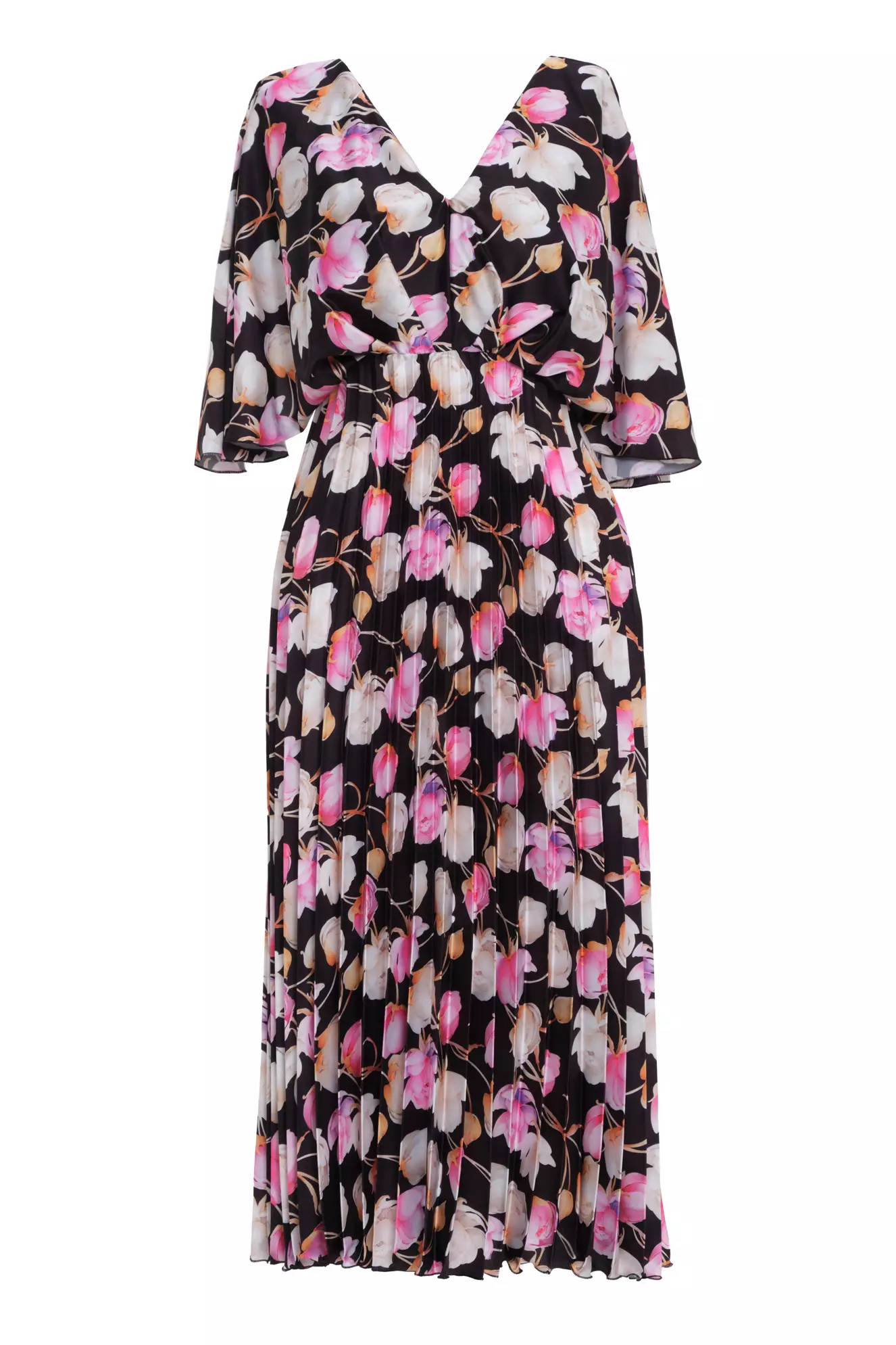 Printed satin short sleeve long dress