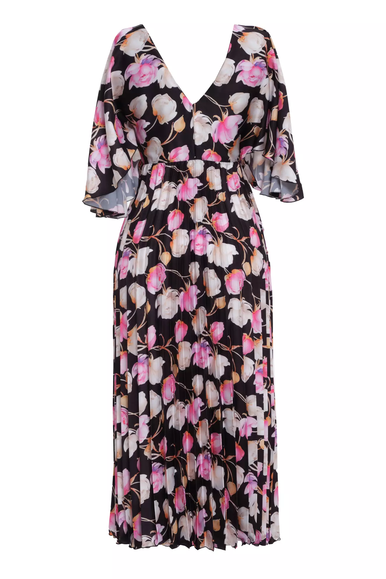 Printed satin short sleeve long dress