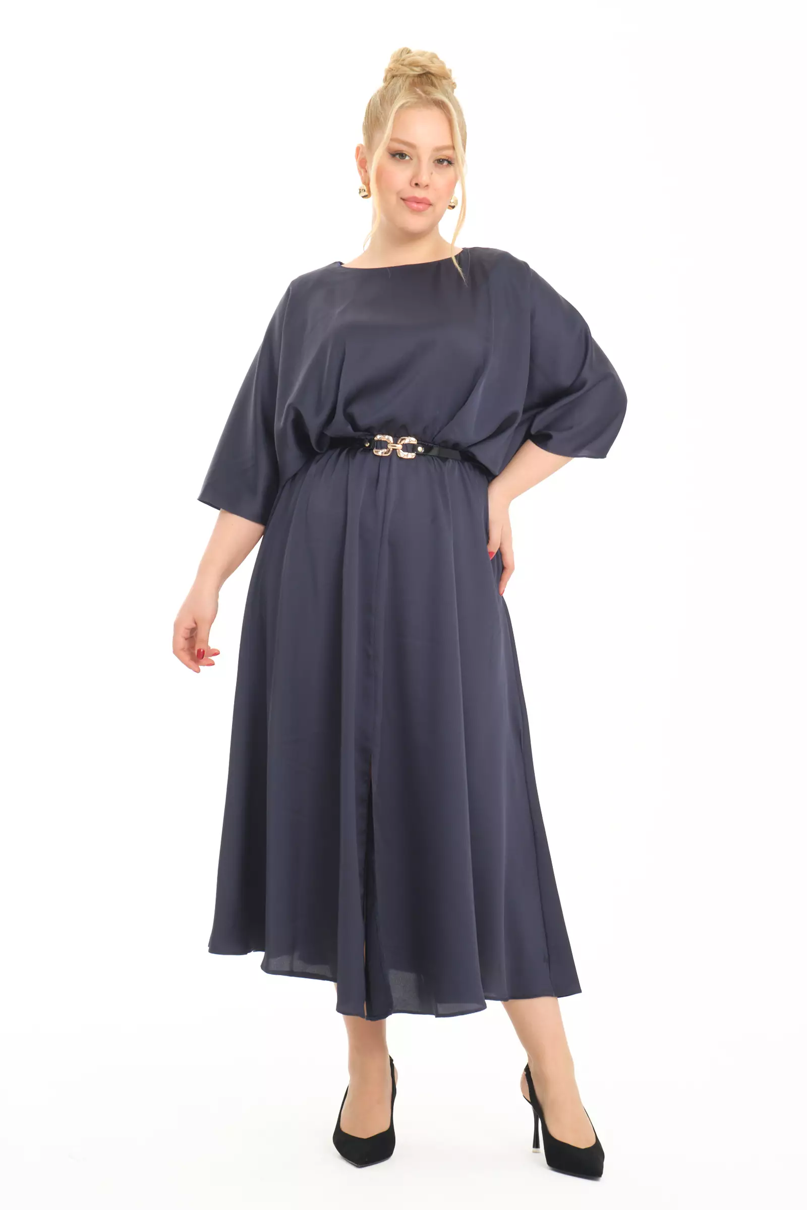 Navy blue plus size satin short sleeve midi dress