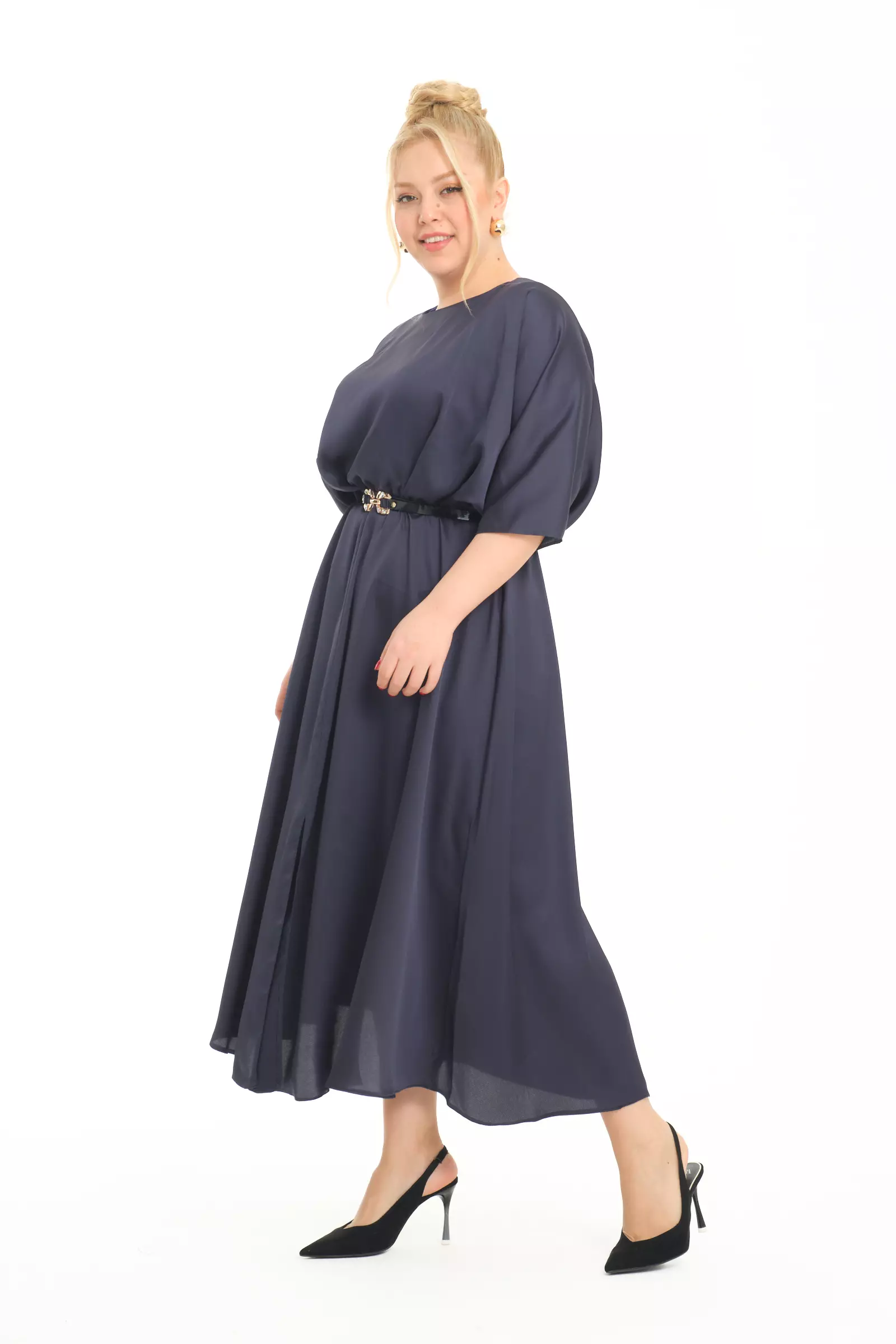 Navy blue plus size satin short sleeve midi dress