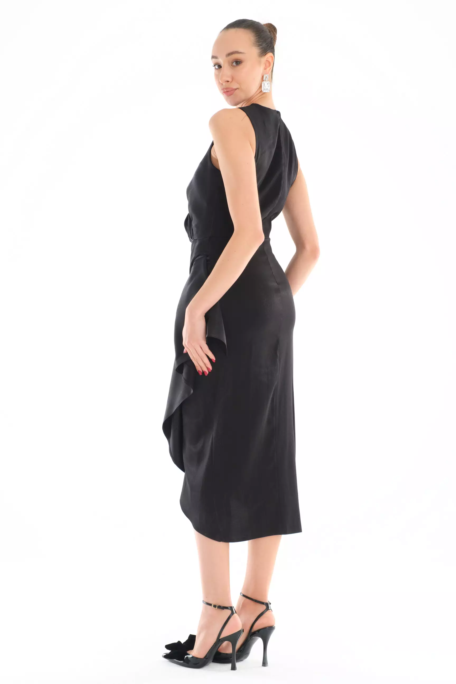 Black satin sleeveless midi dress