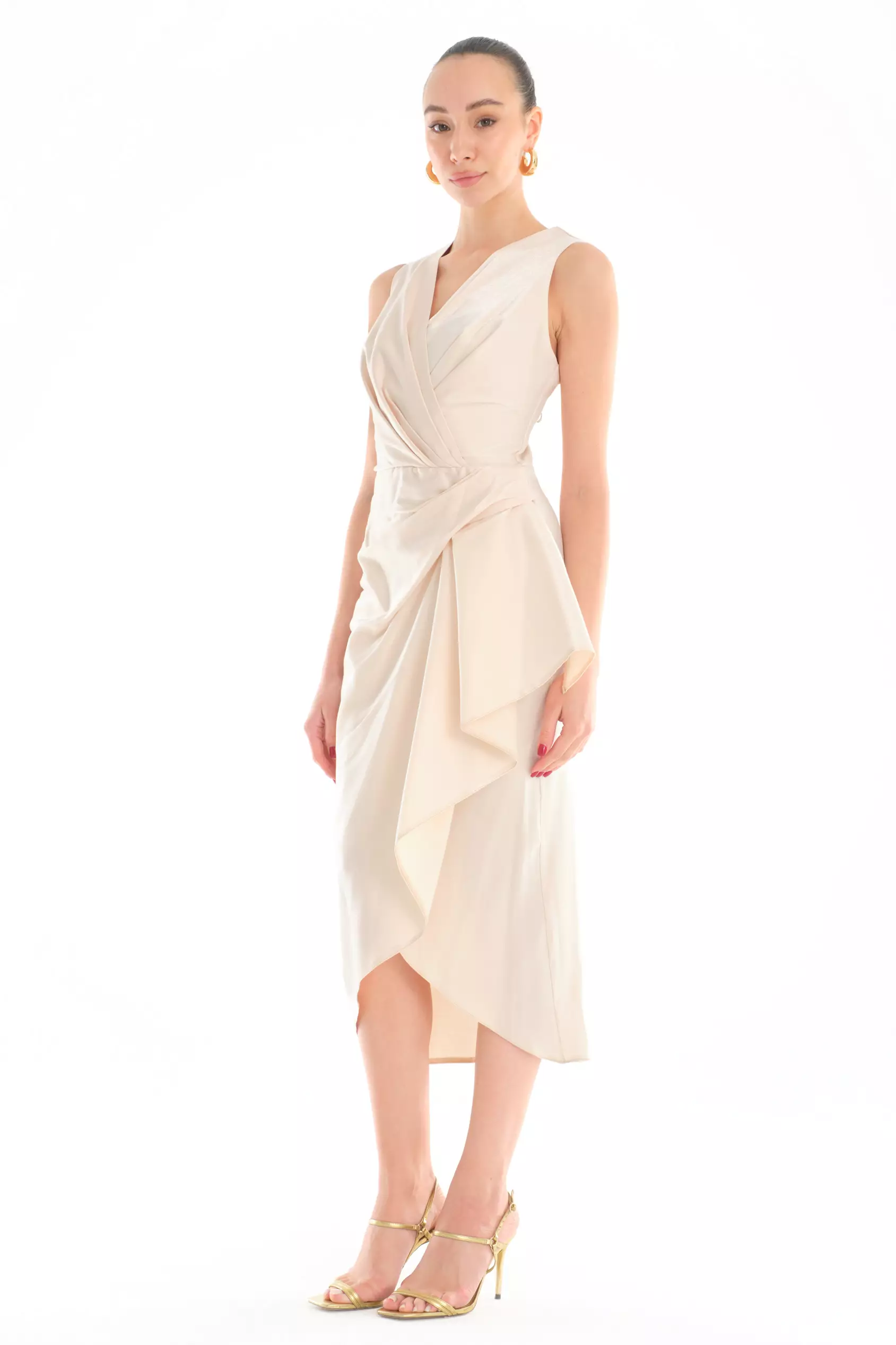 Beige satin sleeveless midi dress