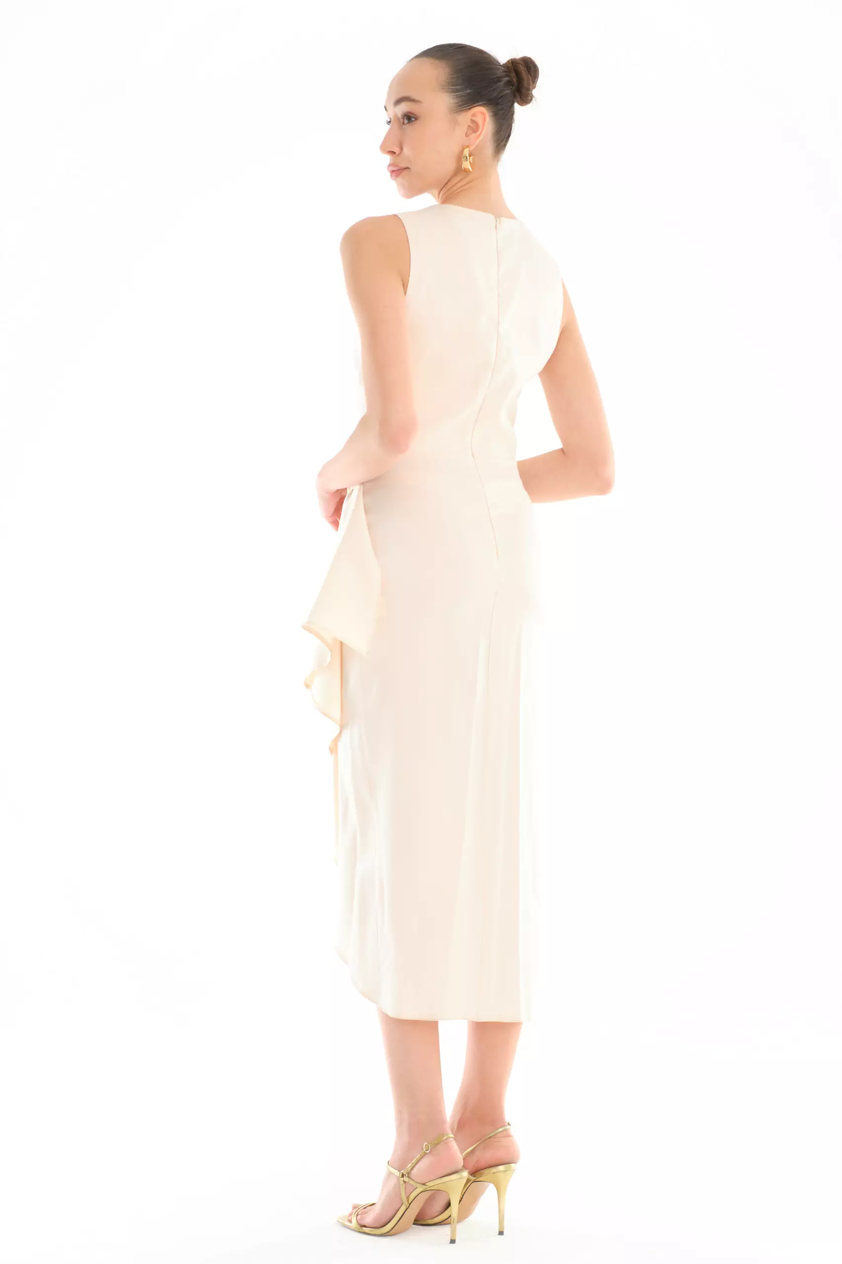 Beige satin sleeveless midi dress