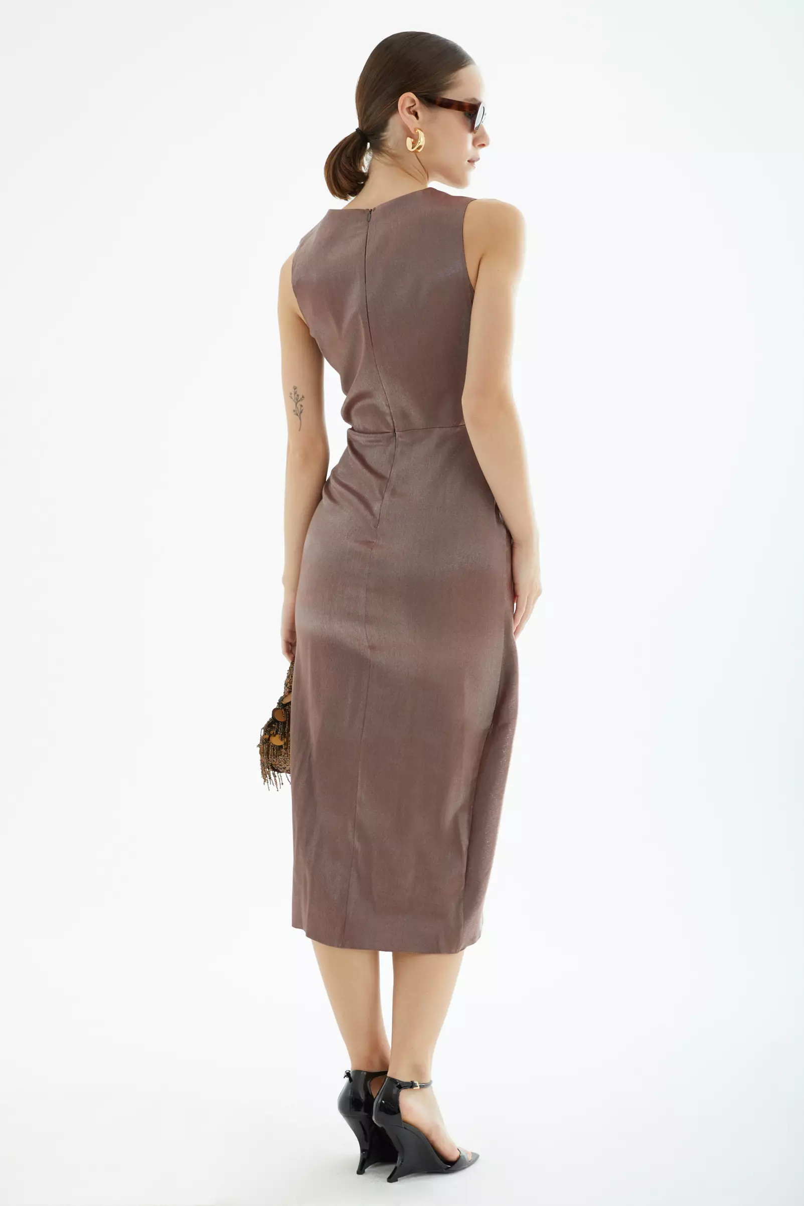 Brown satin sleeveless midi dress
