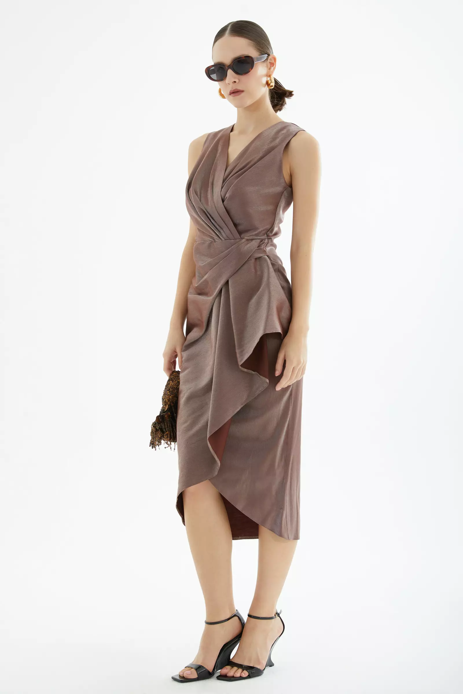 Brown satin sleeveless midi dress
