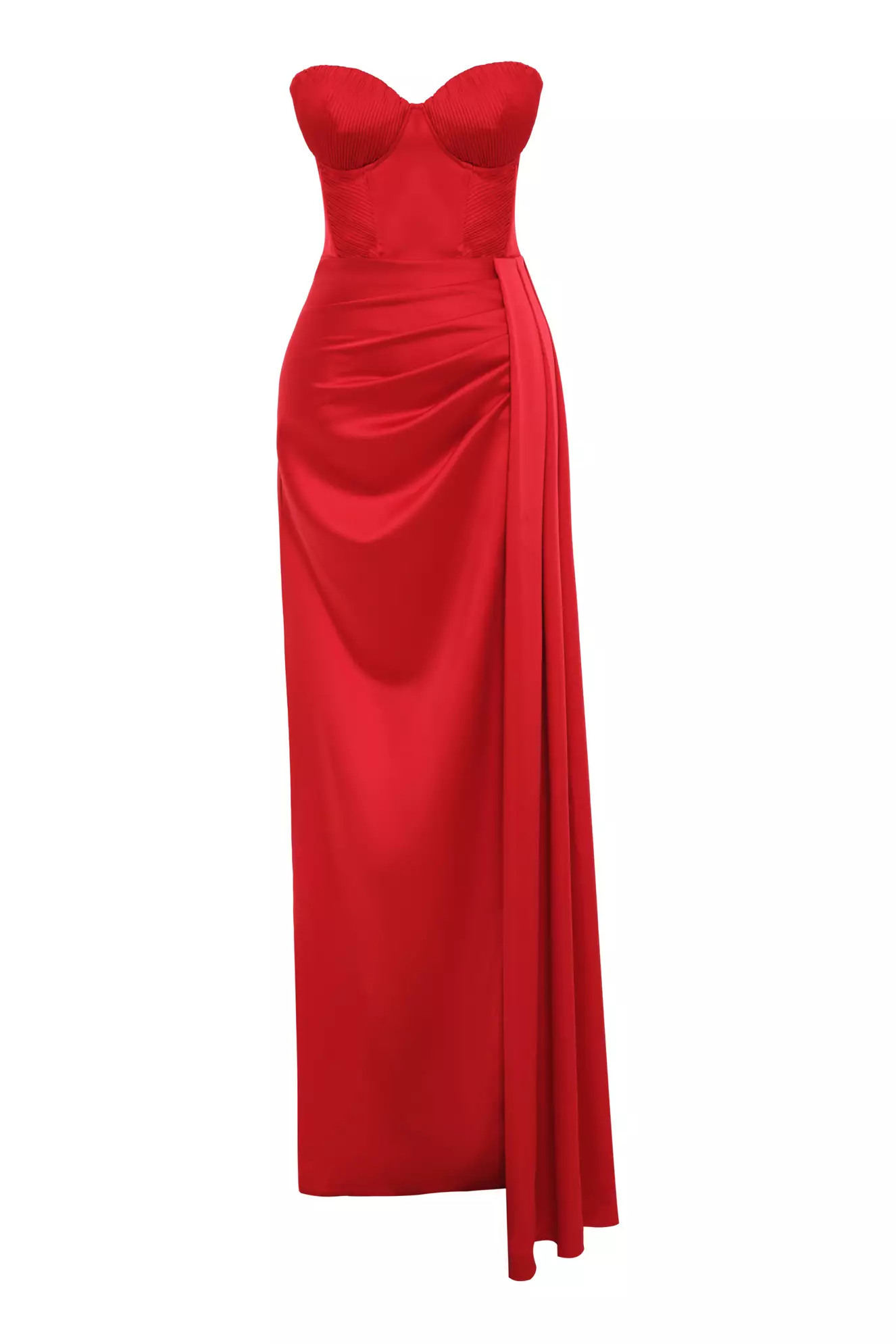 Red satin strapless long dress