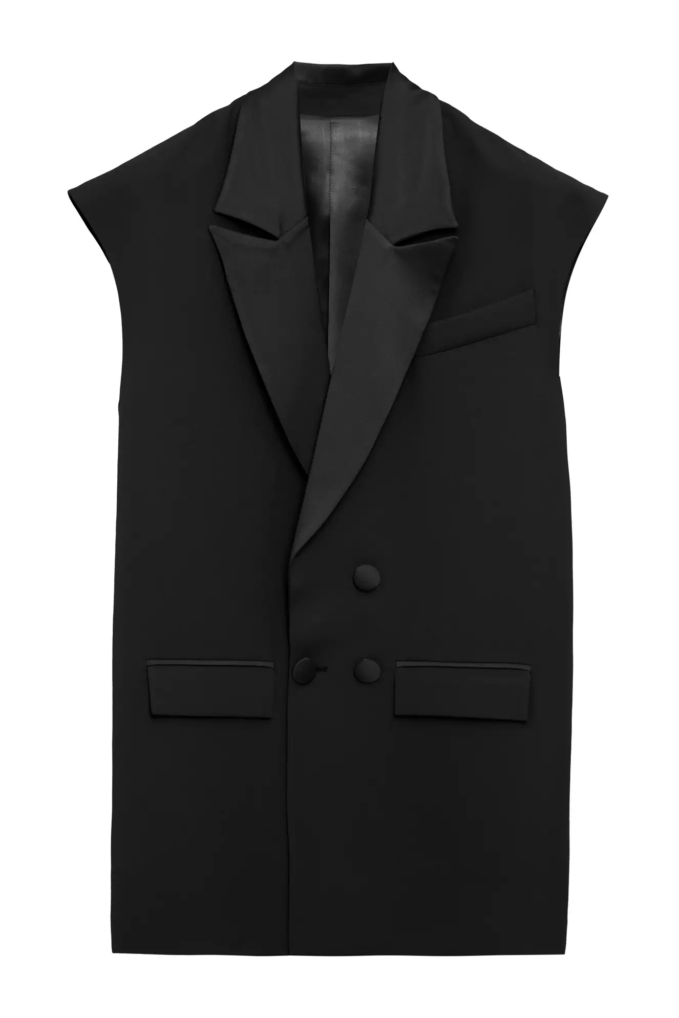 Black krep saten sleeveless long jacket