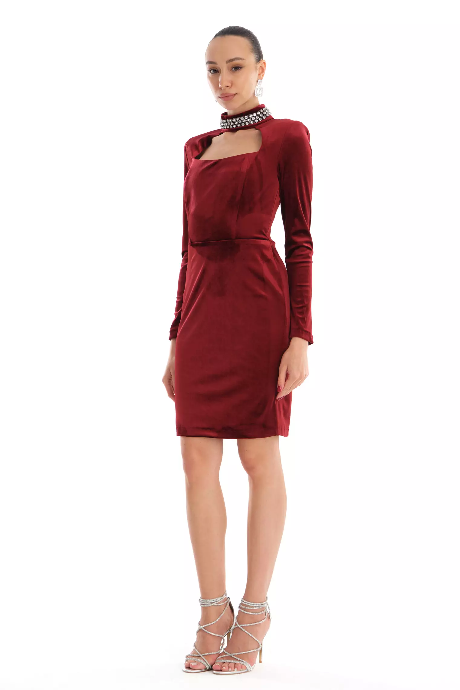 Maroon velvet long sleeve mini dress