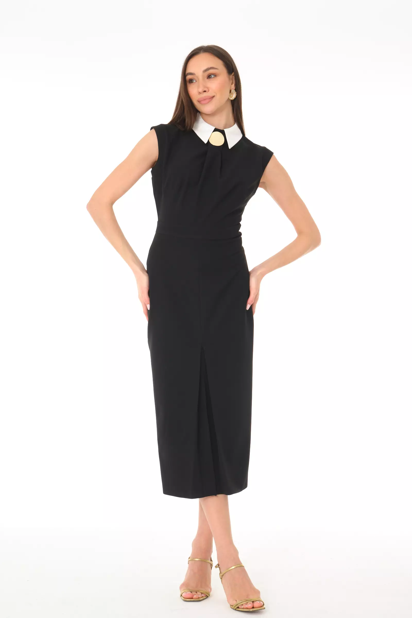 Black crepe sleeveless midi dress