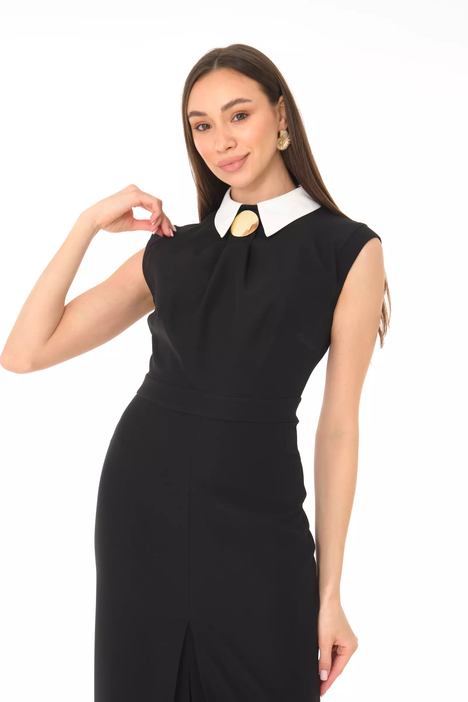 Black crepe sleeveless midi dress