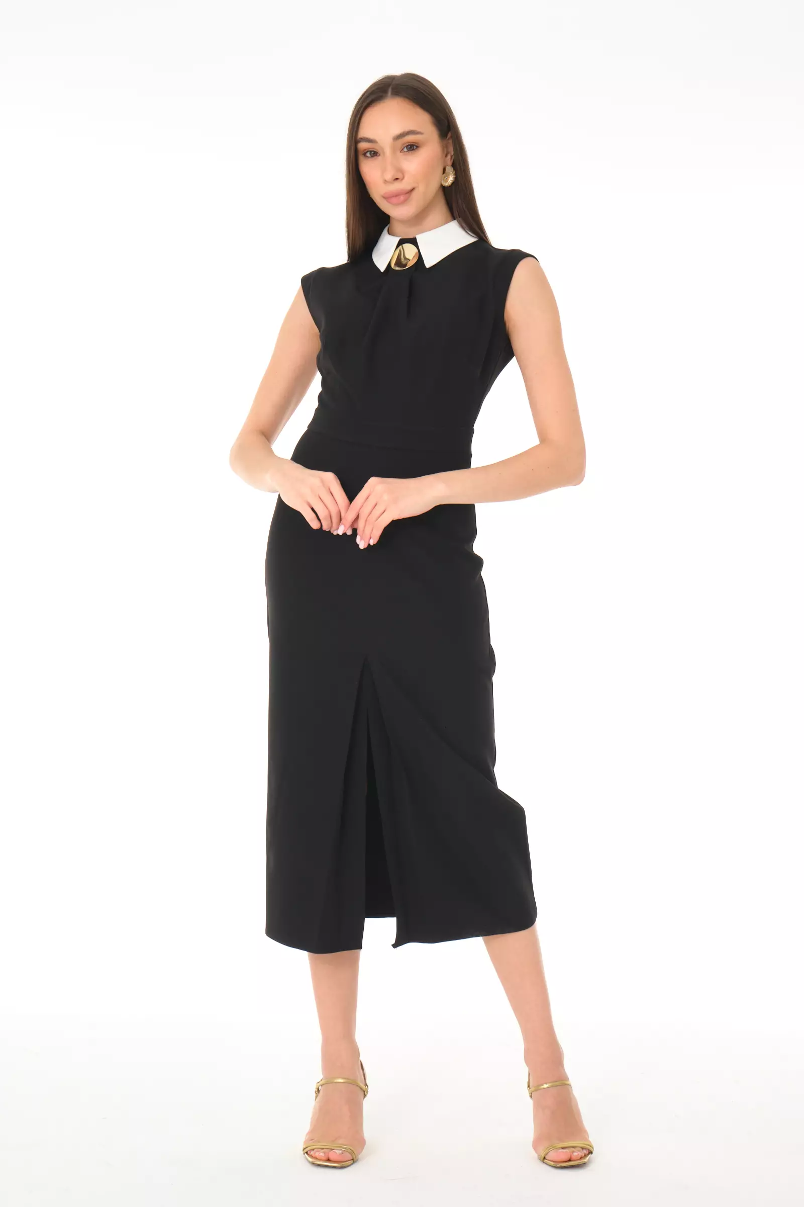 Black crepe sleeveless midi dress