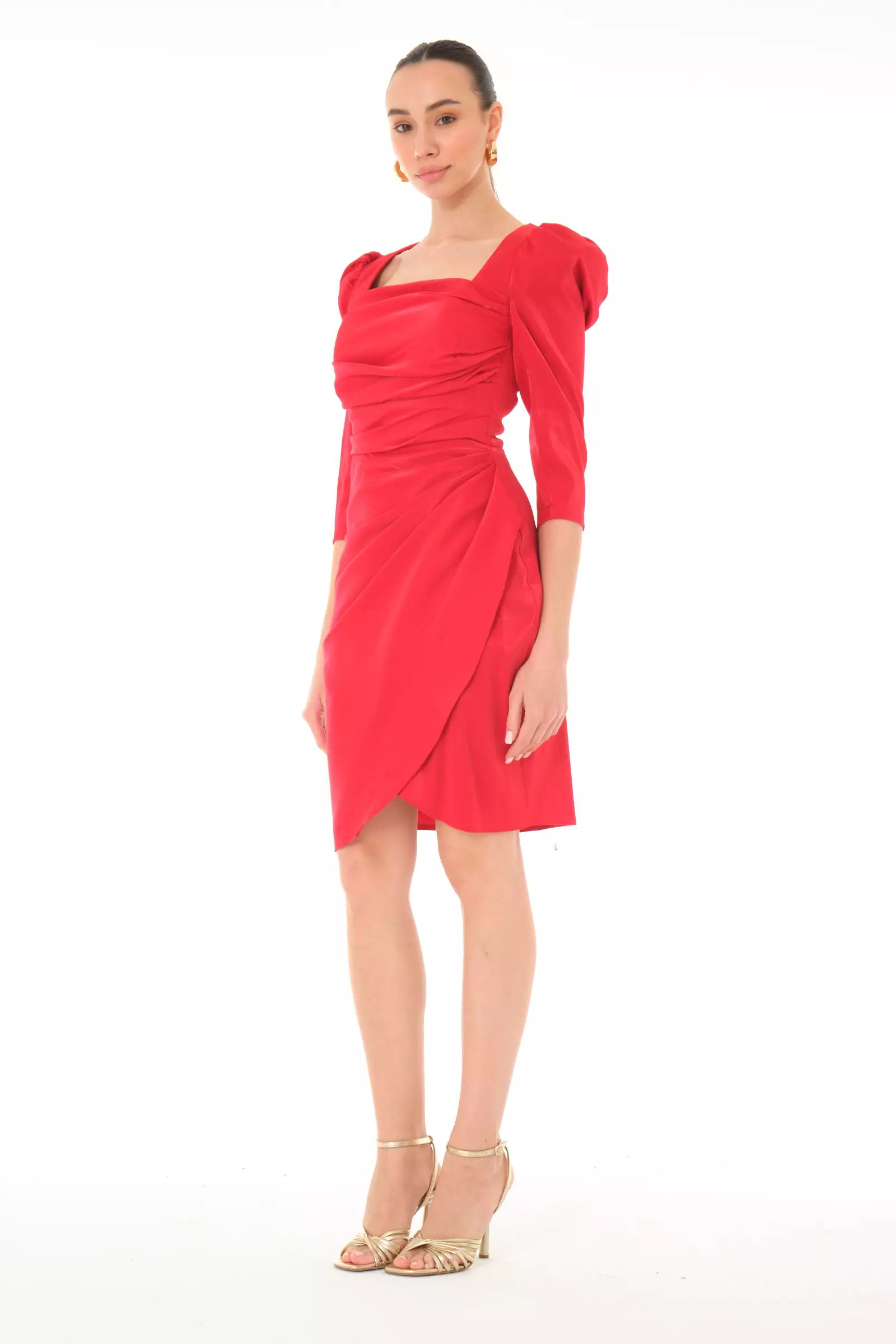 Red satin 3/4 sleeve mini dress